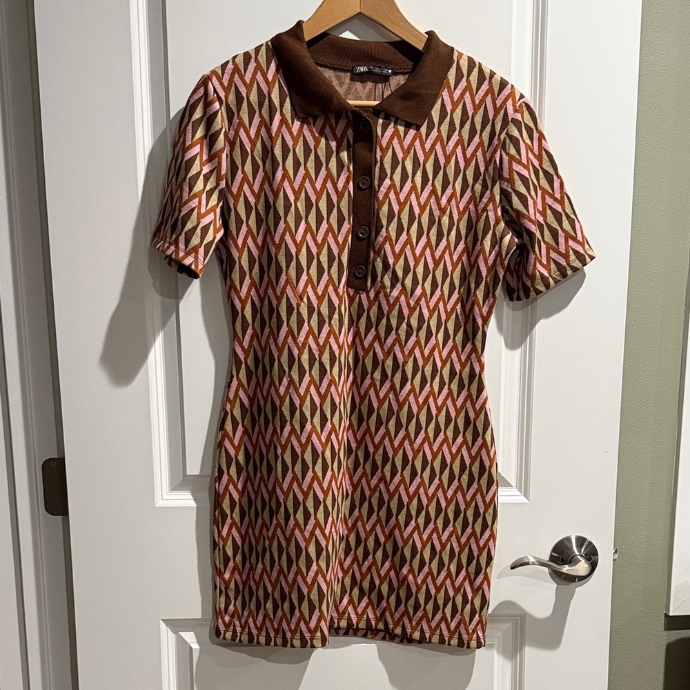 Zara Multicolor Polo Dress with Brown Collar